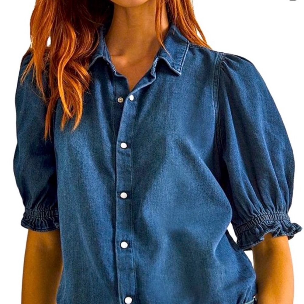 ba&sh Blue Puff Sleeve Button Down Shirt